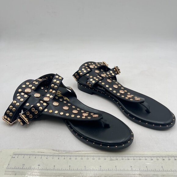 FOWT Black Round Split Toe Sandal Rivet Studded Flat Gladiators Ankle Strap Shoe - Picture 4 of 8